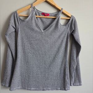 Guess Ribbed Cold Shoulder Top Black White Casual Ribbed V Neck Long Sleeve